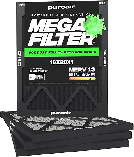 PuroAir MegaFilter - 16x20x1 Air Filter MERV 13 Activated CarbonTech Defense - Heavy Duty 3 Layer Furnace Filters Allergens, Pollen, Dust, Pet Dander, Smoke, Odors - HVAC Air Filter 16x20x1 (4-Pack)